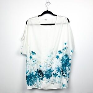 Cleo Cold Shoulder White & Blue Floral Blouse